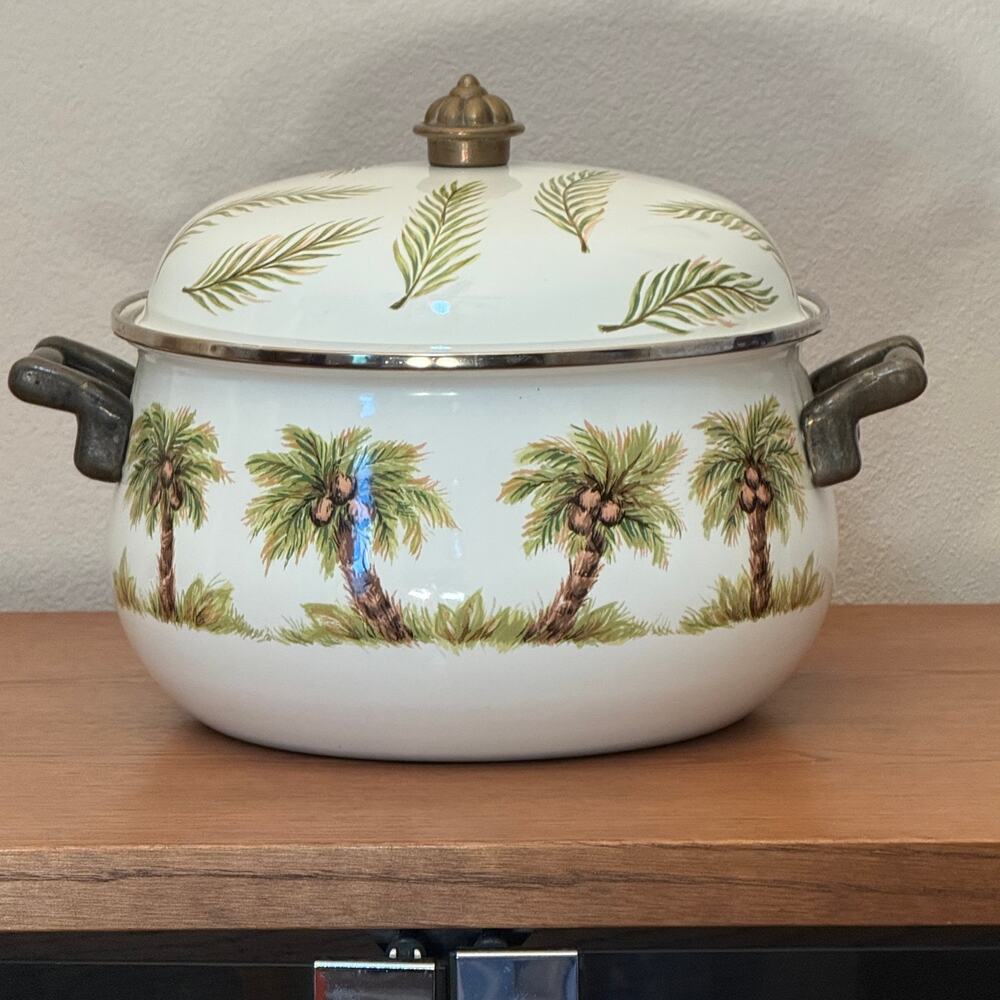 Tabletops Unlimited Palm Grove 8 Qt Enamel Stockpot Dutch Oven Palm Trees Lid
